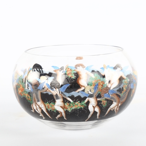 1020 - A Venetian glass bowl, circa 1920, with hand painted enamel frieze depicting cherubs and garlands, i... 