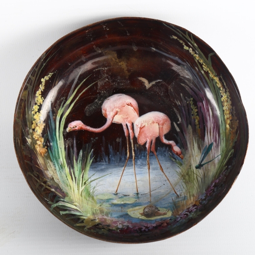 1021 - A Limoges enamel on copper bowl, circa 1920, hand painted design depicting 2 flamingos and dragonfli... 