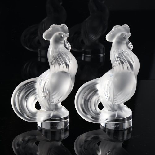 1024 - Pair of Sevres frosted crystal cockerels, height 10.5cm