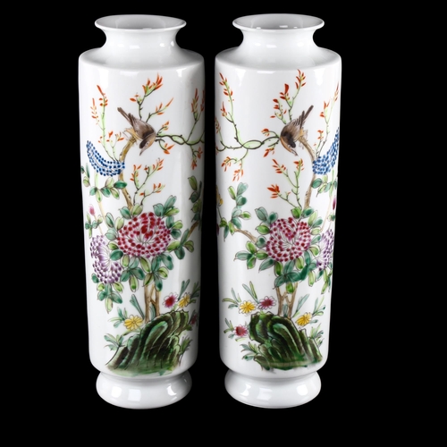 1027 - Pair of Chinese white glaze porcelain cylinder vases, with painted enamel birds and flowers, 4 chara... 