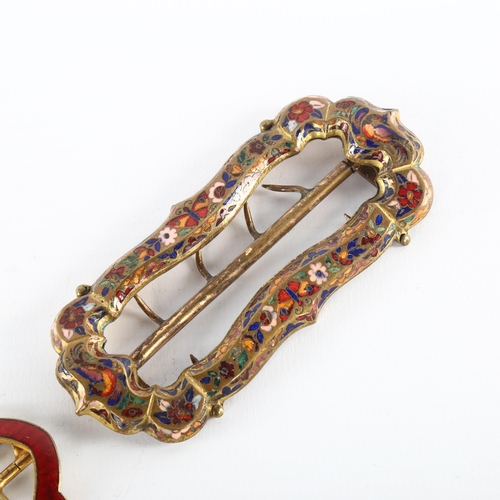 1034 - 19th century gilt-metal and champleve enamel decorated buckle, length 9.5cm, and a gilt-metal and re... 