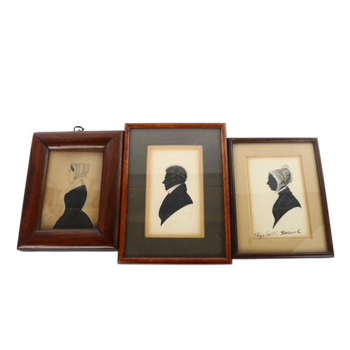 1050 - 3 x 19th century hand painted silhouettes, 1 inscribed Elizabeth Herrick, largest frame height 19cm,... 