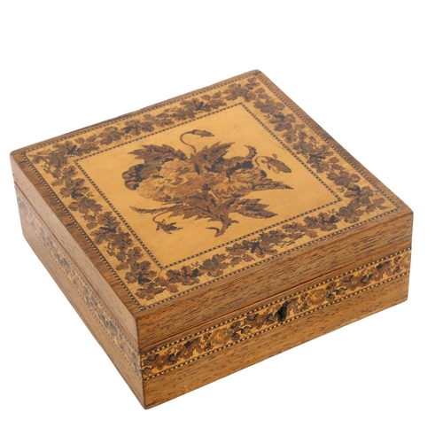 1051 - A Tunbridge Ware rosewood and micro-mosaic box, circa 1850, with floral inlaid lid and frieze, 15cm ... 