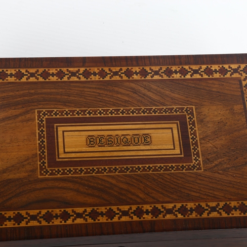 1052 - 19th century Tunbridge Ware rosewood and micro-mosaic games box, inlaid hinged lid inscribed besique... 