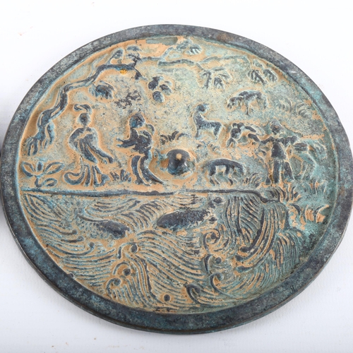 1095 - 2 Chinese relief cast bronze mirrors, diameter 15cm (2)