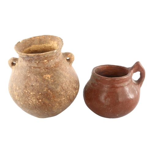 1097 - 2 Ancient bronze age terracotta pots with lug handles, largest height 15.5cm