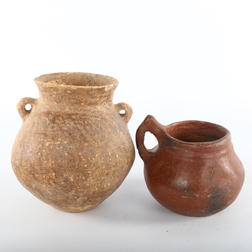 1097 - 2 Ancient bronze age terracotta pots with lug handles, largest height 15.5cm