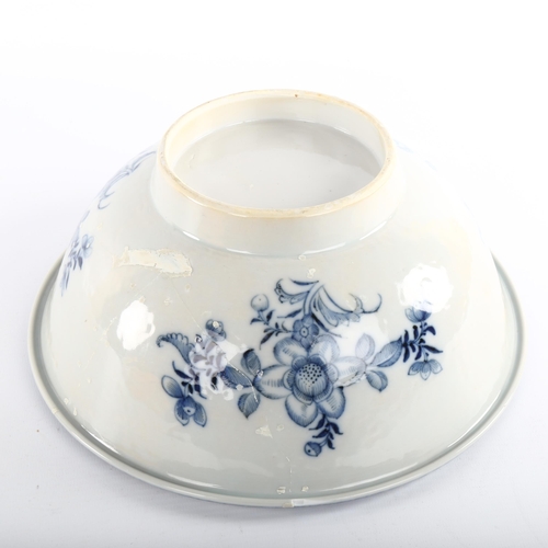 1099 - An 18th century blue and white transfer decorated bowl, diameter 27cm, restored