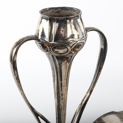 1102 - An Art Nouveau electroplate vase with stylised handles, by Connell of London, height 25cm, and a pla... 