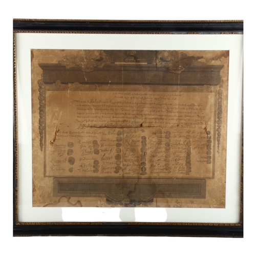 1103 - A 17th century engraving, copy of the Death Warrant for Charles I published 1648, image 40cm x 48cm,... 