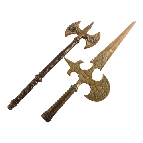 1104 - An ornamental cast-brass double-headed axe, length 51cm, and a cast-brass halberd head, length 61cm ... 