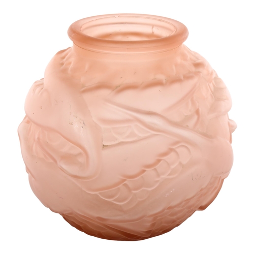 1108 - An Art Deco French relief moulded peach glass vase, height 17cm