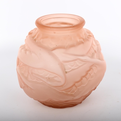 1108 - An Art Deco French relief moulded peach glass vase, height 17cm