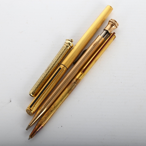 1113 - Dupont silver-gilt ballpoint pen, Dunhill gold plated fountain pen, gold plated fob extending pencil... 