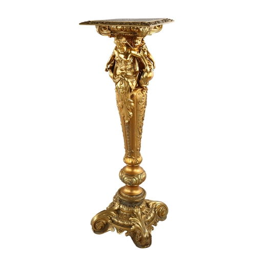 1059 - Empire style gilt-bronze jardiniere stand, the relief moulded square top supported by Classical figu... 