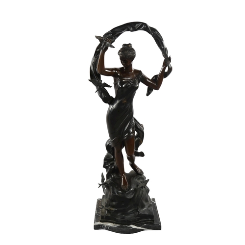 1068 - A large reproduction bronze Classical figure with bird, on marble base, height 108cm