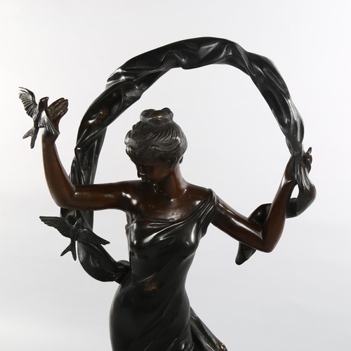 1068 - A large reproduction bronze Classical figure with bird, on marble base, height 108cm