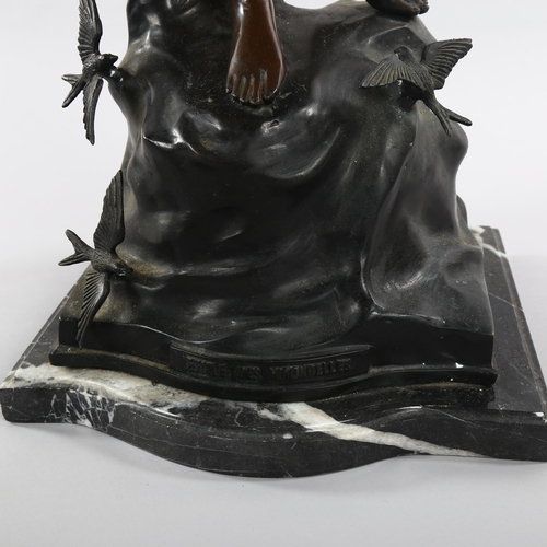 1068 - A large reproduction bronze Classical figure with bird, on marble base, height 108cm