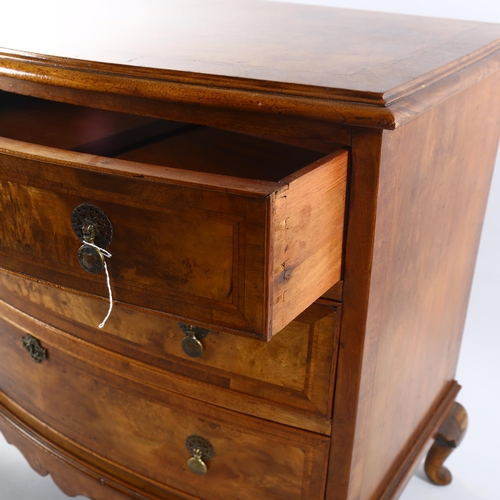 1071 - A burr-walnut bow-front chest of 3 long drawers, early 20th century on cabriole legs, width 90cm, de... 