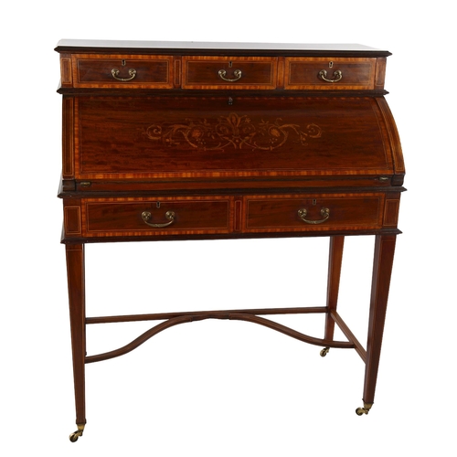 1073 - An Edwardian mahogany cylinder-front writing desk, with inlaid marquetry and banding on shaped stret... 