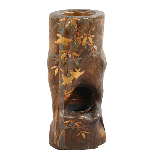 1081 - Early 20th century Japanese paulownia wood Ikebana vase, with Maki-e lacquer work decoration and ori... 