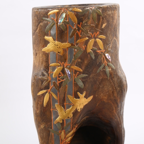 1081 - Early 20th century Japanese paulownia wood Ikebana vase, with Maki-e lacquer work decoration and ori... 