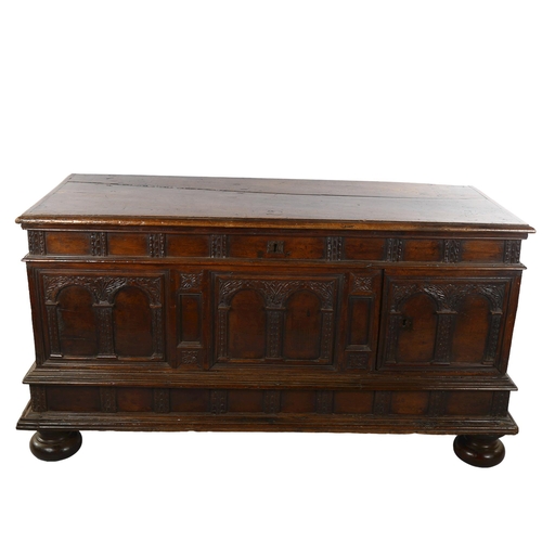 1121 - 18th century Italian walnut blanket chest, with Arcadian carved and panelled cupboards below and ris... 