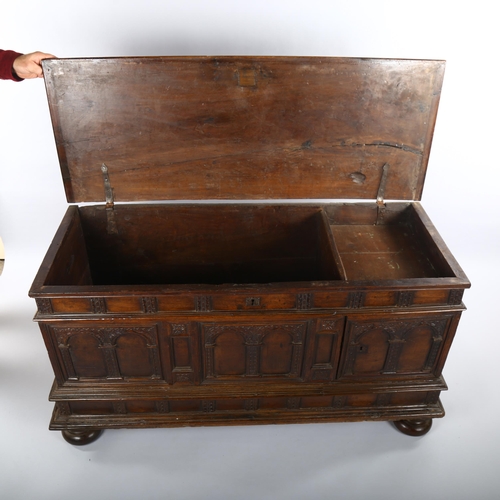 1121 - 18th century Italian walnut blanket chest, with Arcadian carved and panelled cupboards below and ris... 