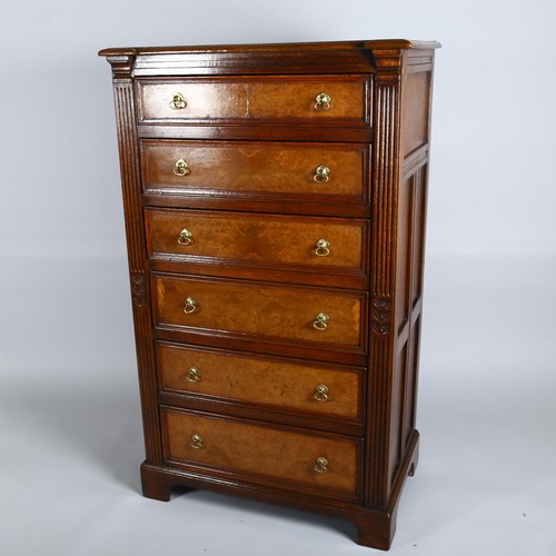 1133 - A 19th century narrow oak chest of 6 drawers with burr-oak drawer fronts, panelled sides, fluted pil... 