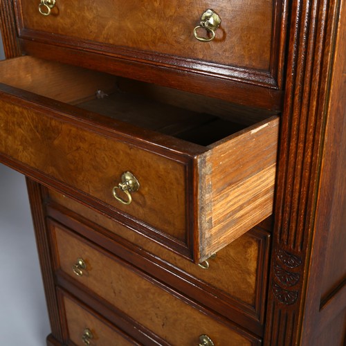 1133 - A 19th century narrow oak chest of 6 drawers with burr-oak drawer fronts, panelled sides, fluted pil... 