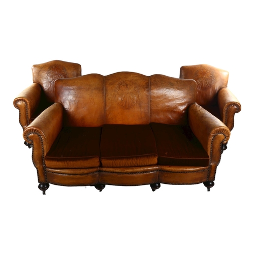 1119 - Art Deco brown leather-upholstered 3-seat Club sofa and pair of matching armchairs