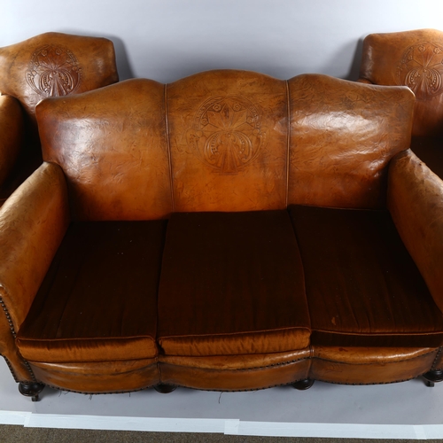 1119 - Art Deco brown leather-upholstered 3-seat Club sofa and pair of matching armchairs