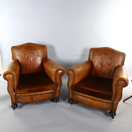 1119 - Art Deco brown leather-upholstered 3-seat Club sofa and pair of matching armchairs