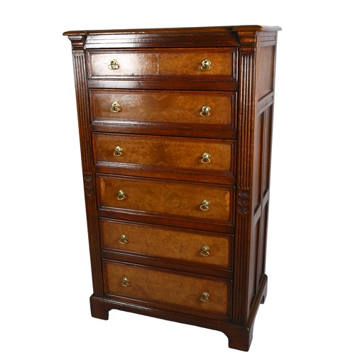 1133 - A 19th century narrow oak chest of 6 drawers with burr-oak drawer fronts, panelled sides, fluted pil... 