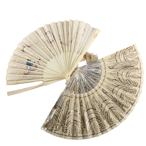 1143 - A French gilded mother-of-pearl fan, length 27cm, and a Chinese bone and silk embroidered fan (2) (A... 