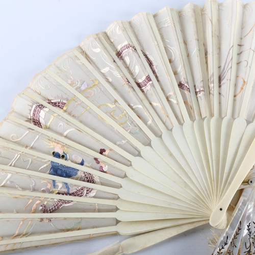 1143 - A French gilded mother-of-pearl fan, length 27cm, and a Chinese bone and silk embroidered fan (2) (A... 