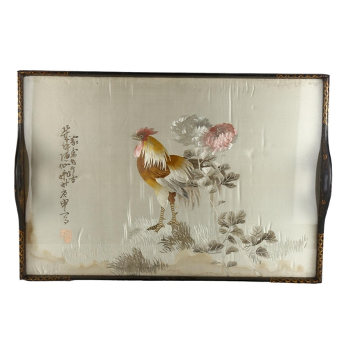 1145 - A Chinese gilded and lacquered tray, with inset silk embroidered picture of a cockerel with text ins... 