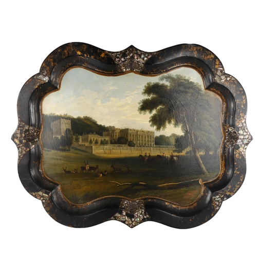 1152 - A large 19th century papier mache tea tray, with hand painted panel depicting Chatsworth House Derby... 