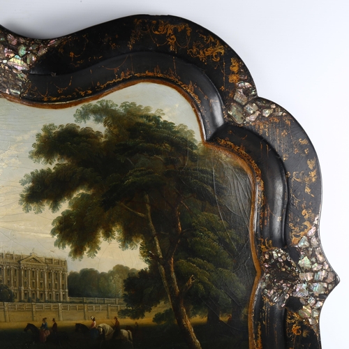 1152 - A large 19th century papier mache tea tray, with hand painted panel depicting Chatsworth House Derby... 