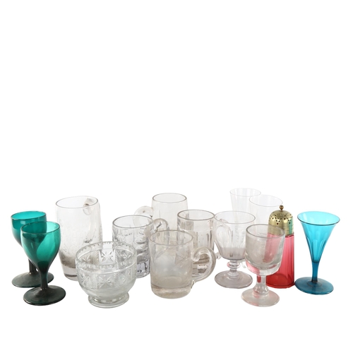 1155 - A group of Antique glassware, including engraved tankards, Bristol green glass etc