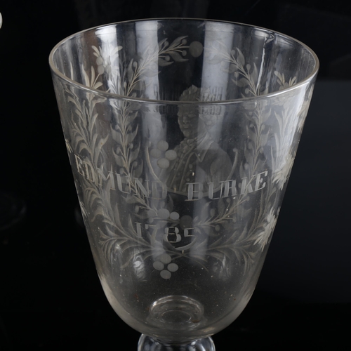 1158 - A large presentation glass with engraved portraits of Edmund Burke, dated 1785, height 23cm, a large... 