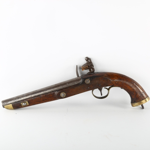 1160 - An early 19th century brass-mounted flintlock pistol, overall length 40cm