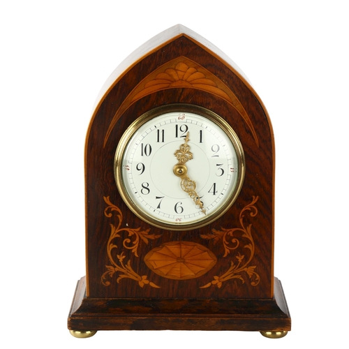 1162 - An Edwardian rosewood and marquetry inlaid lancet-top mantel clock, with 8-day sprung movement, heig... 