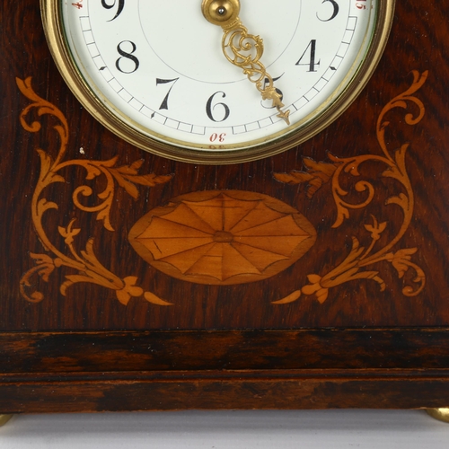 1162 - An Edwardian rosewood and marquetry inlaid lancet-top mantel clock, with 8-day sprung movement, heig... 