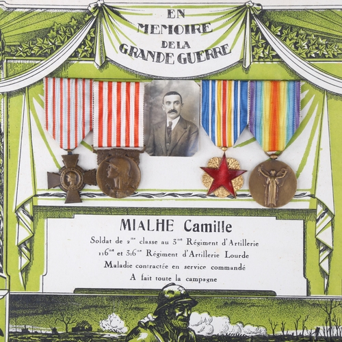 1165 - A group of 4 French Great War medals to Camille Mialhe, mounted in original carved walnut frame