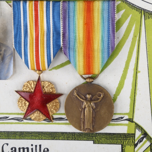 1165 - A group of 4 French Great War medals to Camille Mialhe, mounted in original carved walnut frame