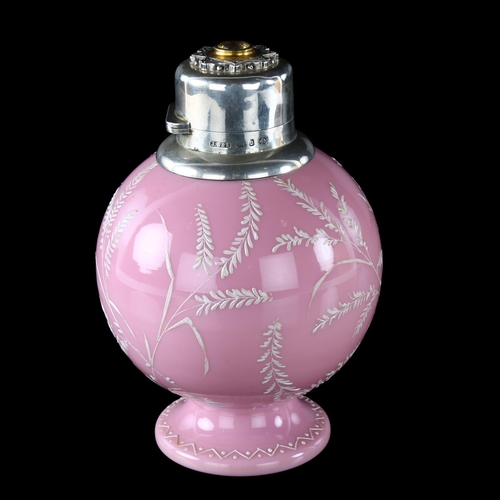 1172 - A pink glass globular perfume bottle, with painted dragonflies and grass, hallmarked hinged silver t... 