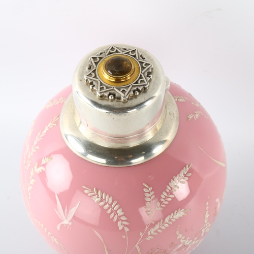 1172 - A pink glass globular perfume bottle, with painted dragonflies and grass, hallmarked hinged silver t... 