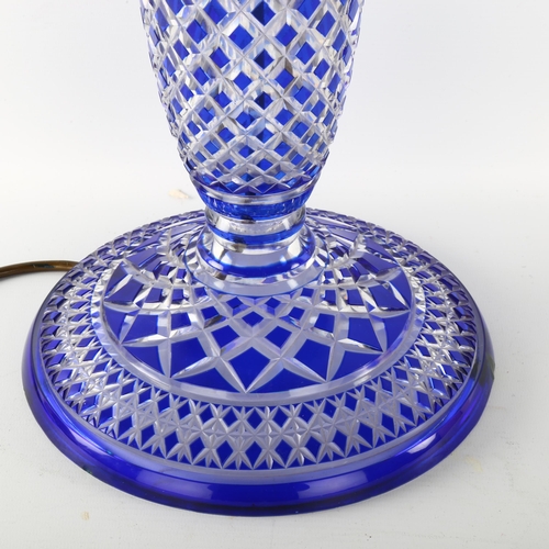 1173 - VAL ST LAMBERT - a blue overlay cut-glass table lamp, height including fitting 52cm