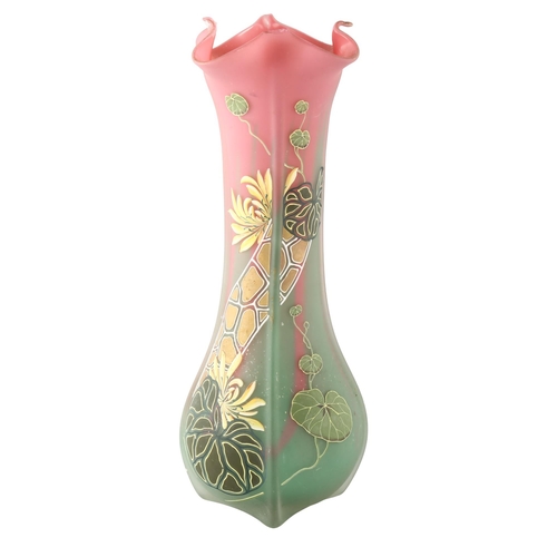 1174 - Art Nouveau pink/green glass vase with painted decoration, height 40cm